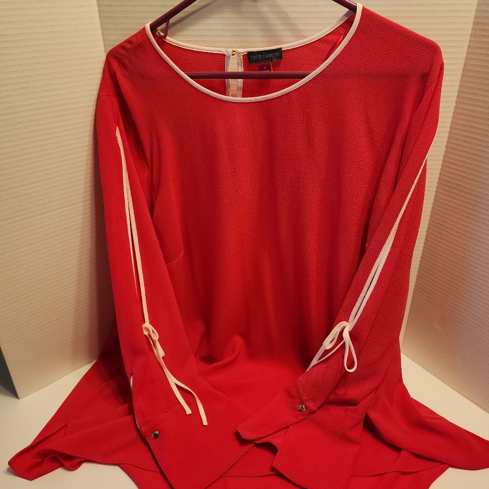Vince Camuto Hot Pink Dressy Blouse/top, White Tie Trim Open Flare Long Sleeve